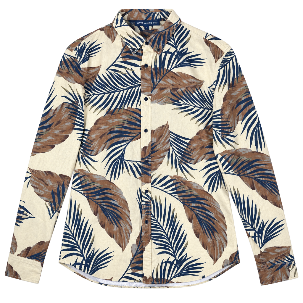 Scotch & Soda Island Getaway Palm Leaf Print Shirt Size L Tan Blue 1