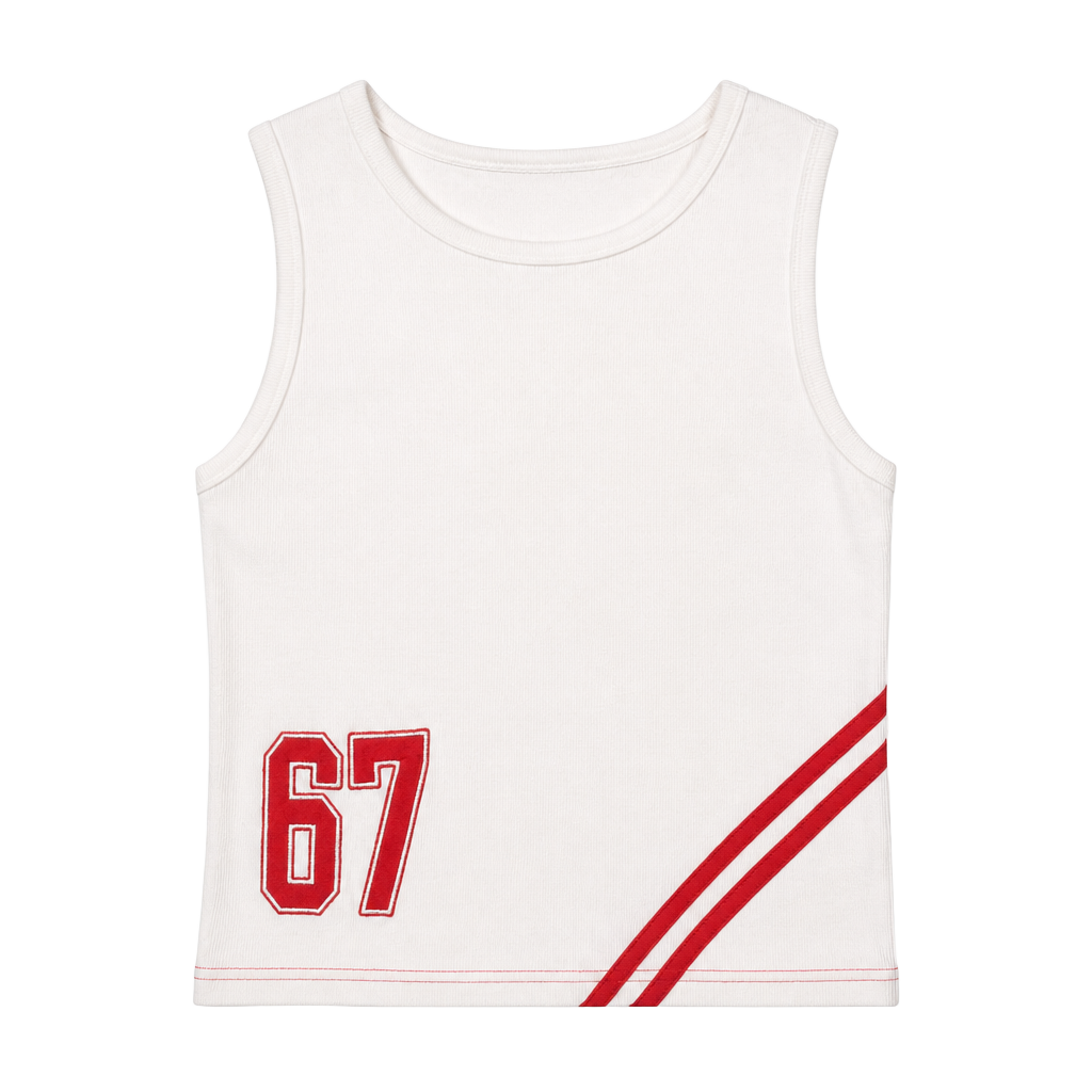 Princess Polly White Sleeveless Varsity Graphic Tank Top Number 67 Size US 6 1