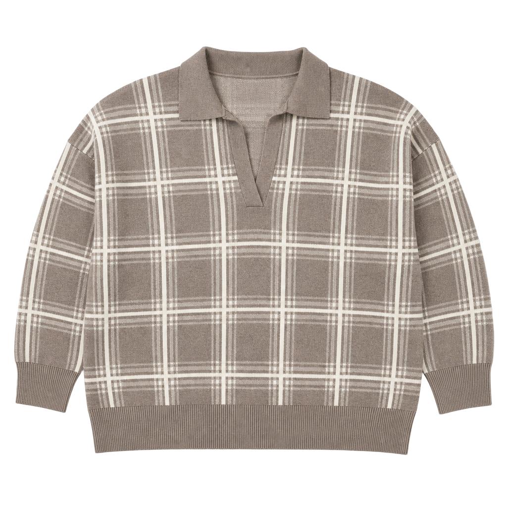 Max Studio Woman Plaid Long Sleeve Polo Sweater Brown/Cream Size 3X 1