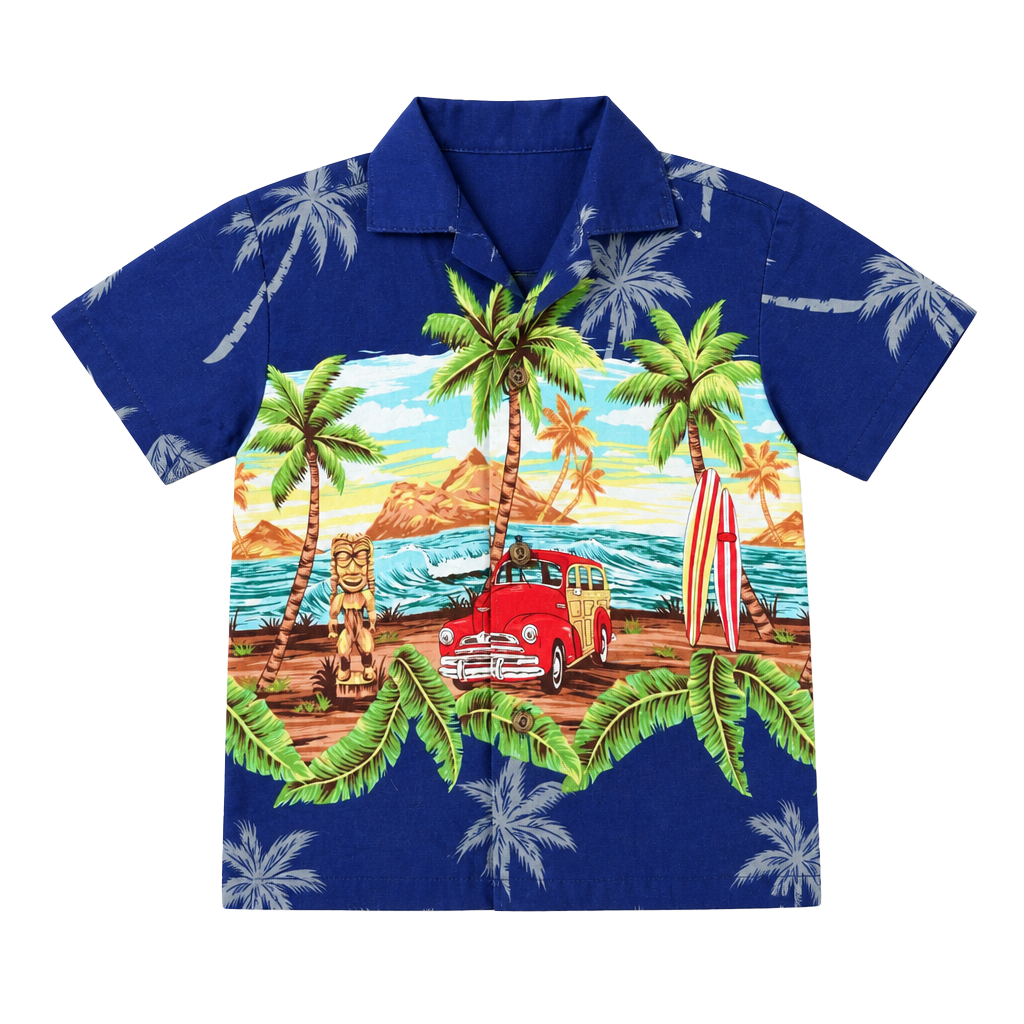 Ky's Made in Hawaii Boy's Aloha Shirt Tropical Tiki Woody Car Print 1