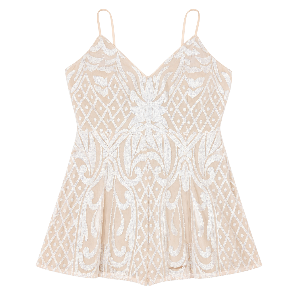 Lulus Catch a Spark White and Beige Sequin Romper 1