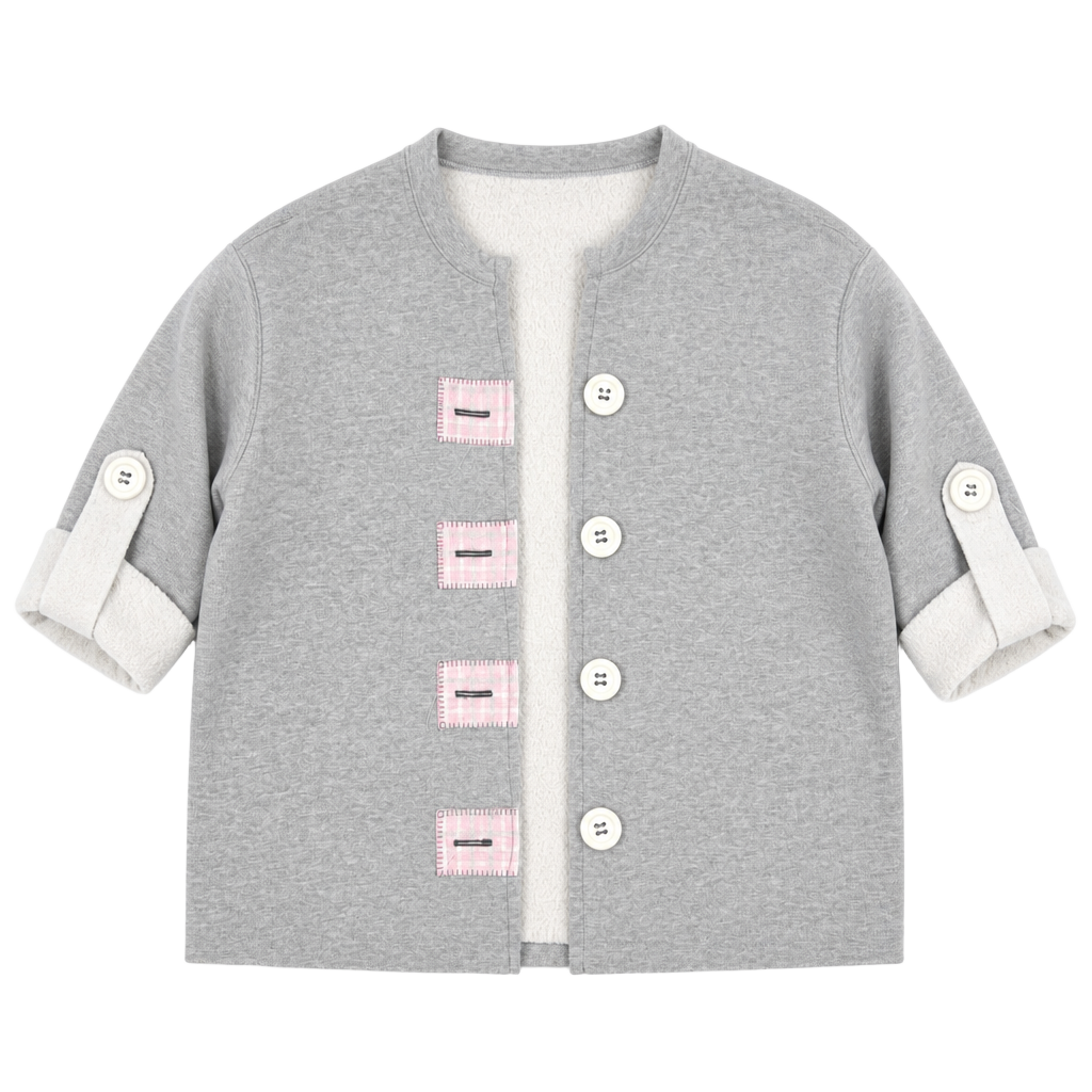 Gildan Gray Sweatshirt Cardigan with Pink Plaid Patches and Large Buttons 239 1