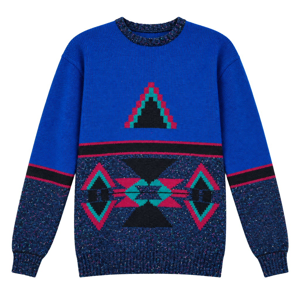 Concrete Jungle Blue Teal Geometric Pattern Men's Sweater Y2K 90s Western Wool B 1