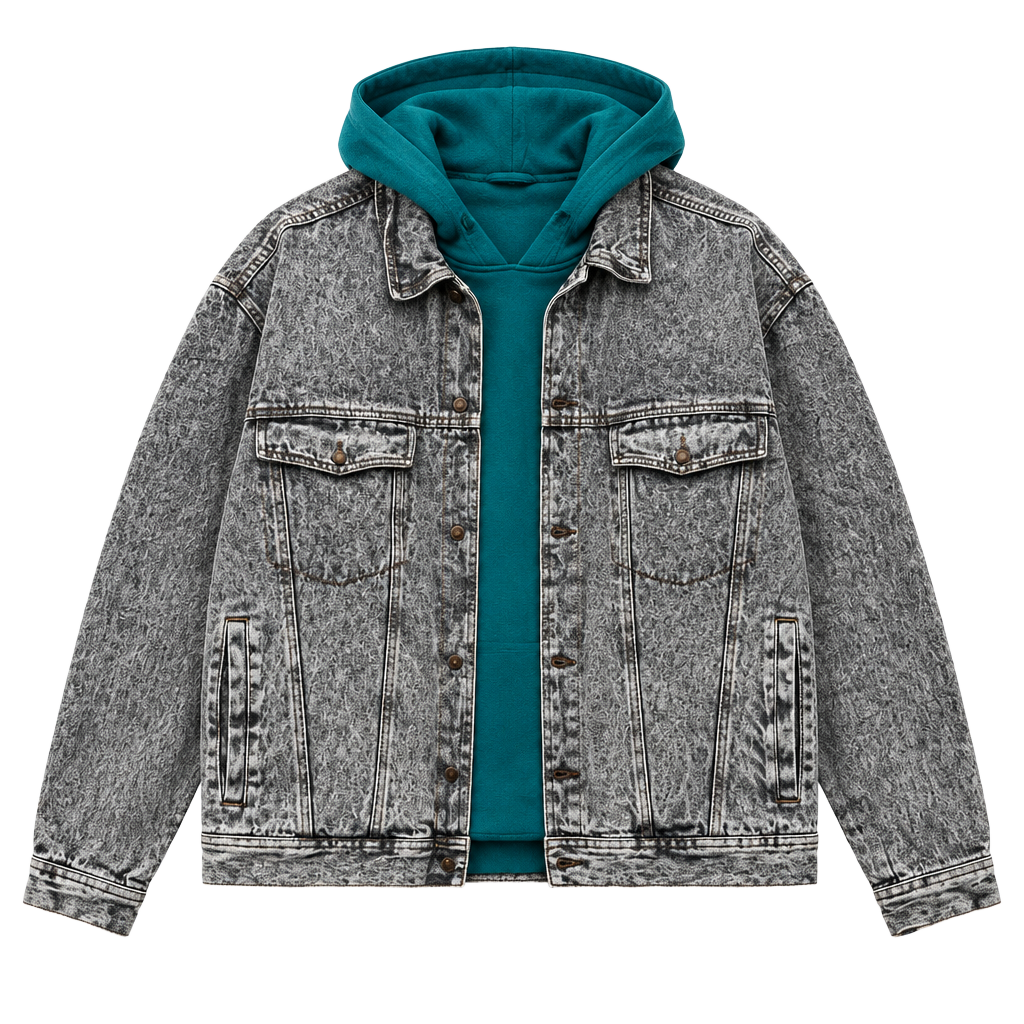 Vintage Acid Wash Denim Jacket Teal Hooded Lining 80s 90s Rare Layered Slouchy 1