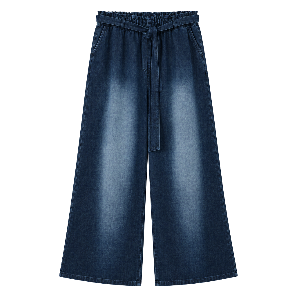 Women’s XL 16-18 Zenana Wide Leg Soft Jean Denim Paperbag Belted Pants Boho Raw 1