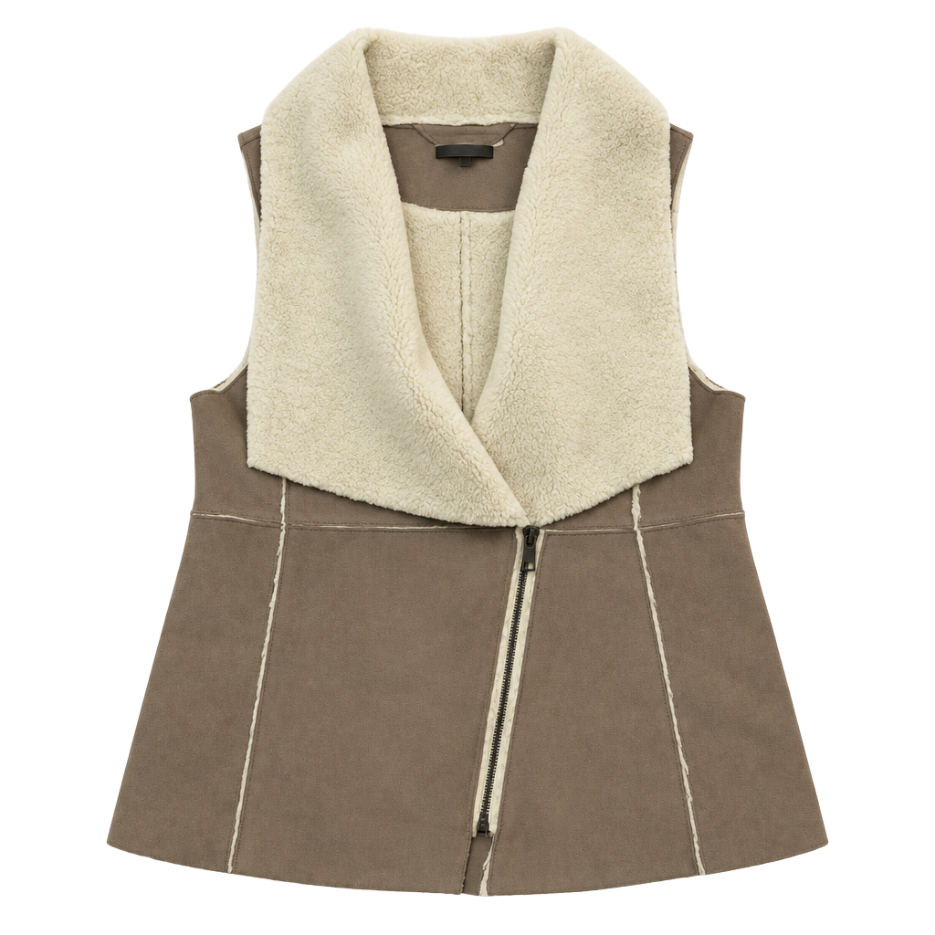 Cupio Faux Suede Vest Size S Tan Sherpa Lined Full Zip Draped Collar 1