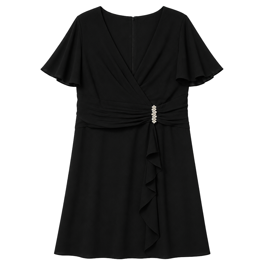 R&M Richards Black V-Neck Rhinestone Embellished Chiffon Evening Dress 1