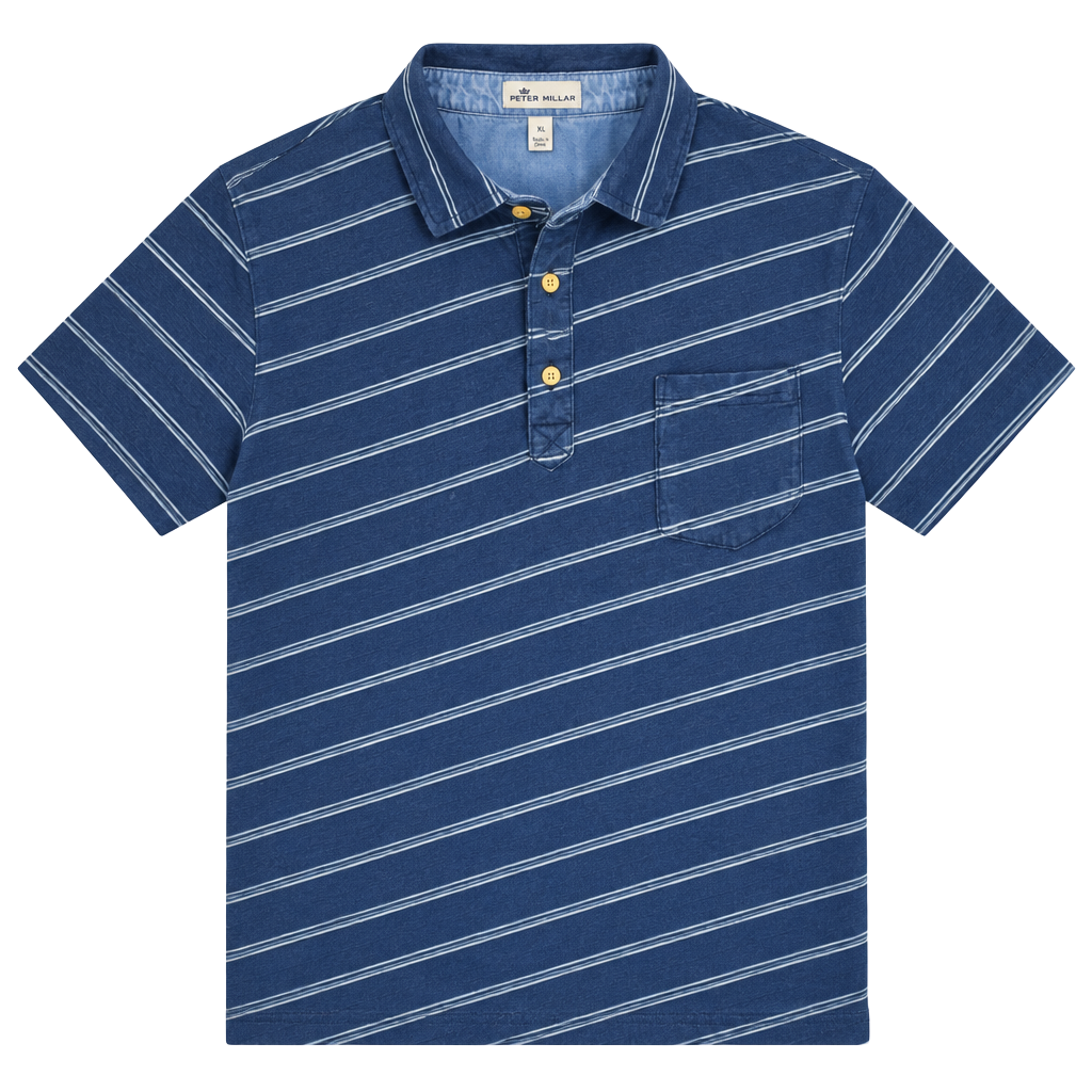 Peter Millar Striped Denim Polo Shirt Size XL Blue 1