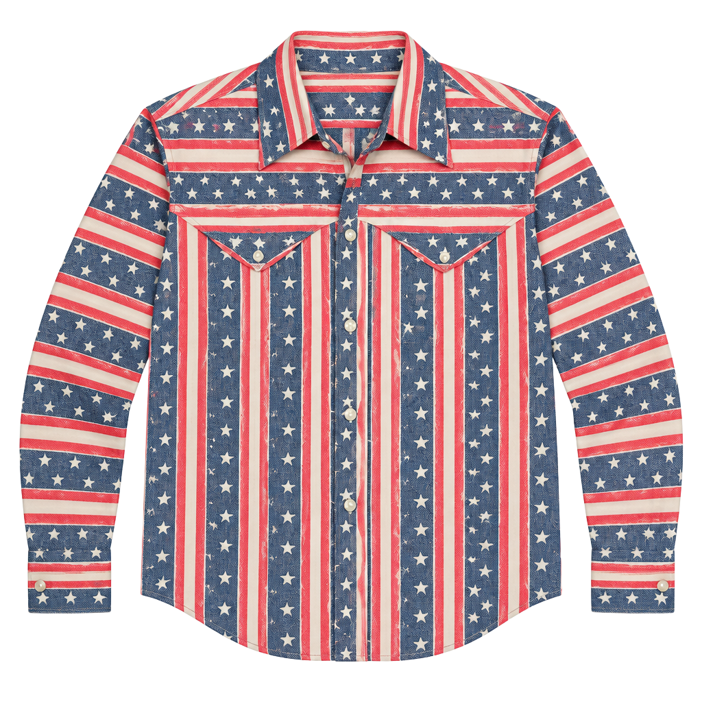 VTG 70s Collegiate American Flag Western Shirt Stars Stripes Small Pearl Buttons 1
