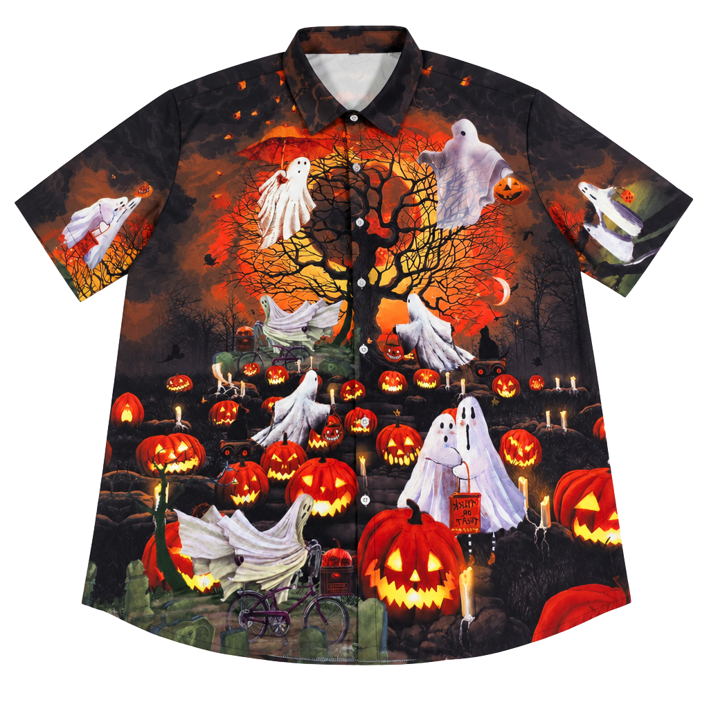 Halloween Spooky Ghost Pumpkin Short Sleeve Button Down Shirt XXL 1