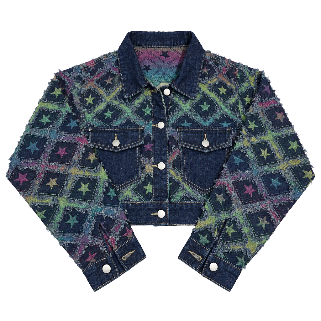 Style Usa Jean Jacket Size S/M Multi Star Distressed Cropped Denim 1