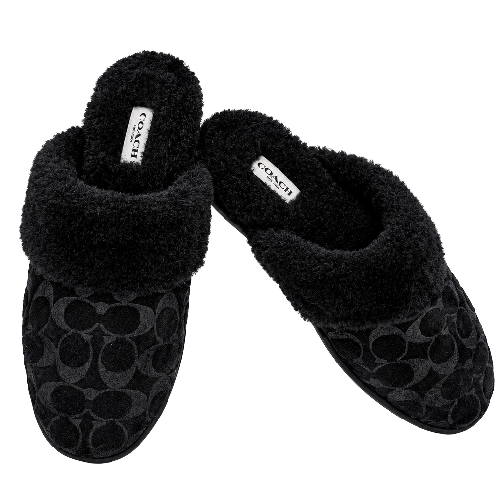 Coach Signature Faux Shearling Slippers Black Size 9 1