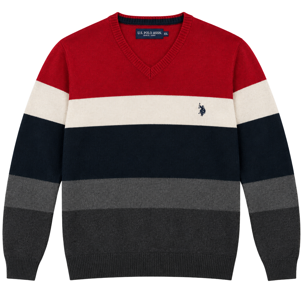 U.S. Polo Assn. V-Neck Sweater Size XXL Red White Black Gray Striped Acrylic 1