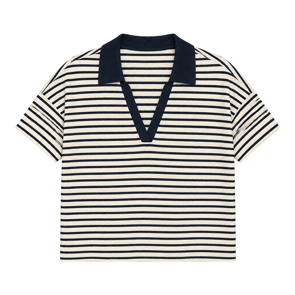 Adrianna Papell Striped Polo Shirt Size L Navy White Short Sleeve V-Neck 1