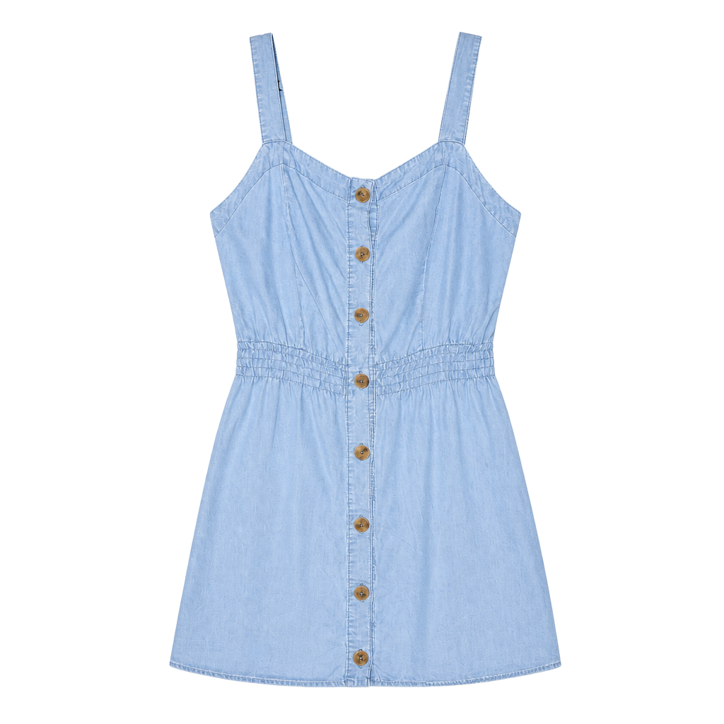 Love Tree Denim Dress Size L Light Blue Button Front Smocked Waist 1