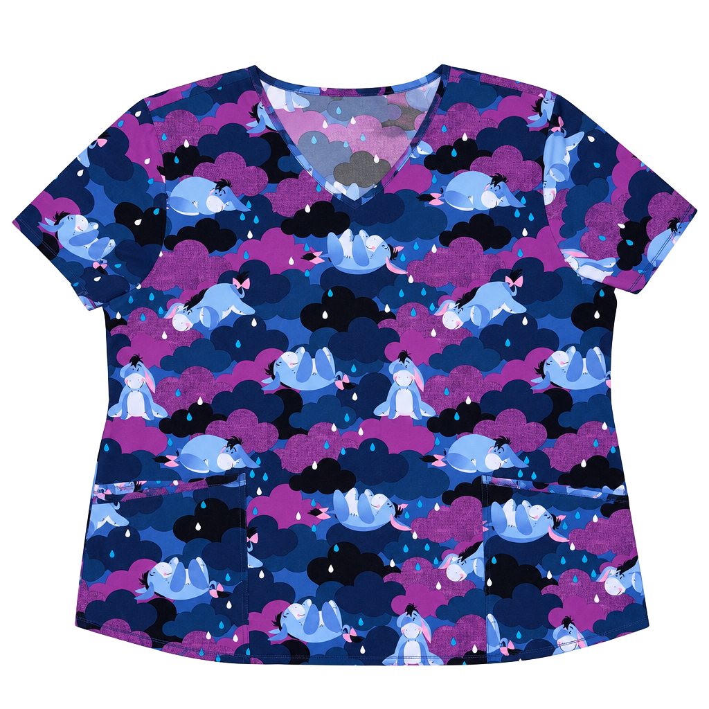Disney Eeyore Rain Scrub Top Size 2XL/2XG Purple Blue Clouds V-Neck 1