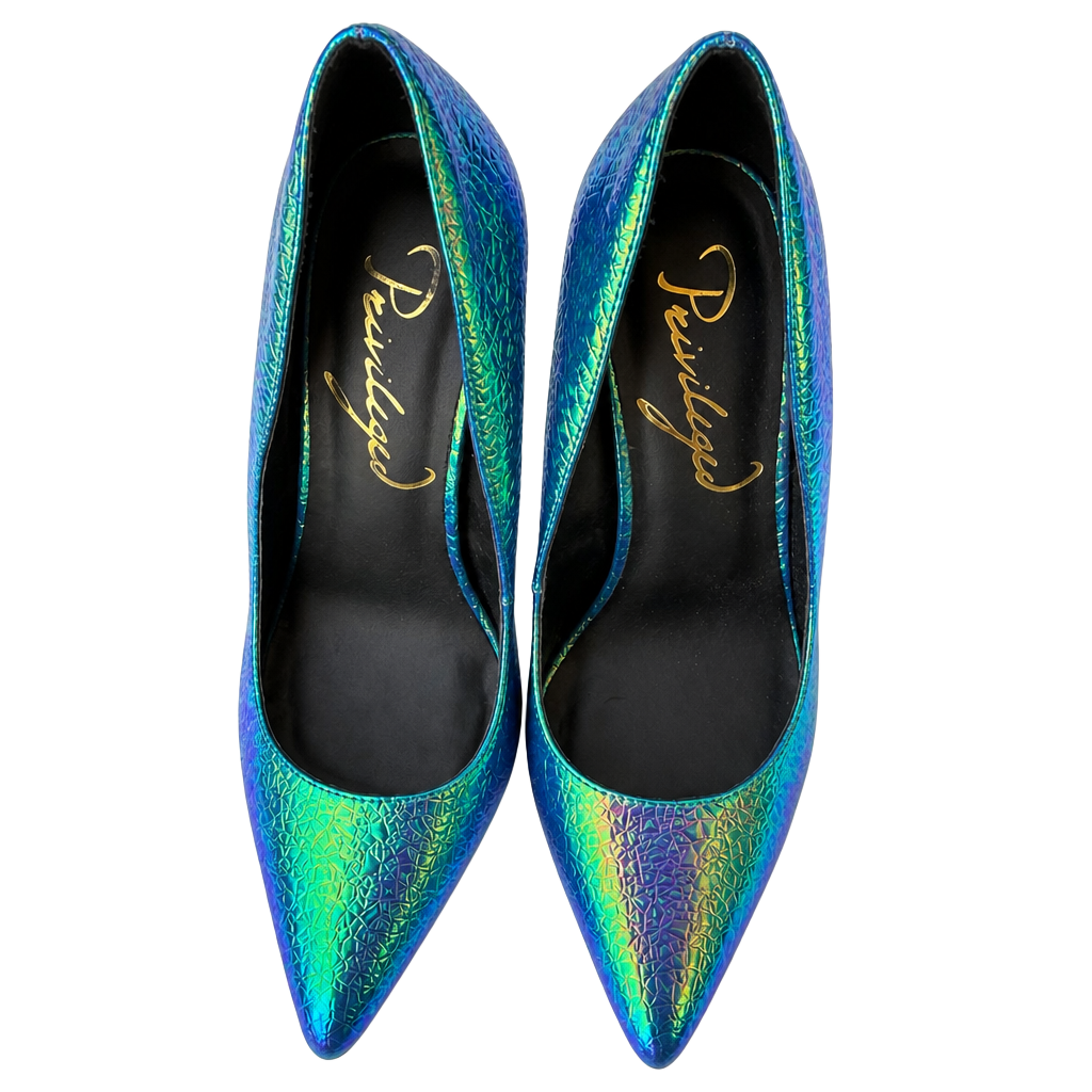 Privileged Verge Iridescent Mermaid Blue and Gold Stiletto Pumps 1