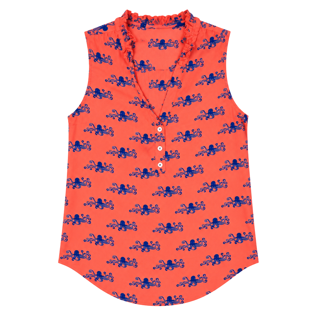 Maeve Octopus Print Blouse Size 2 Coral Ruffle Collar Sleeveless Top 1