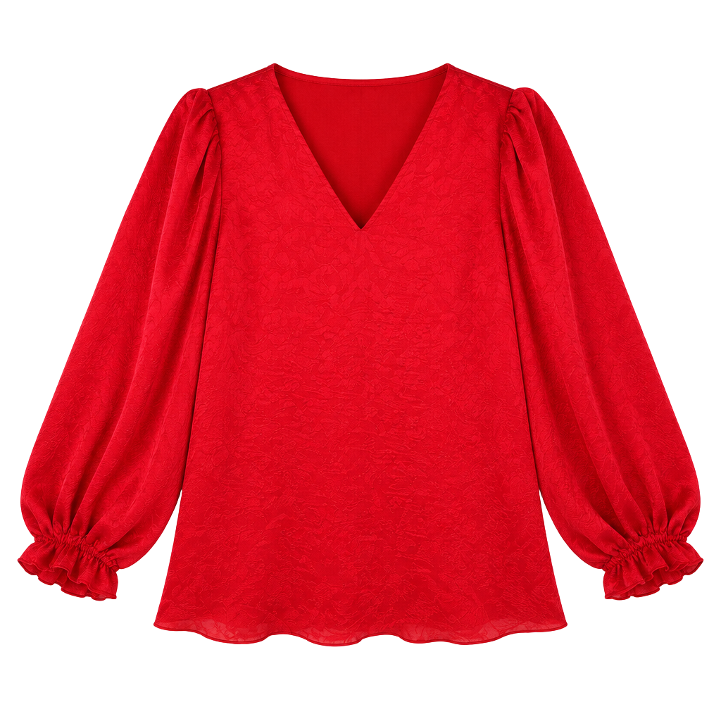 ADRIENNE V-Neck Blouse Size S Red Long Puff Sleeve Polyester 1