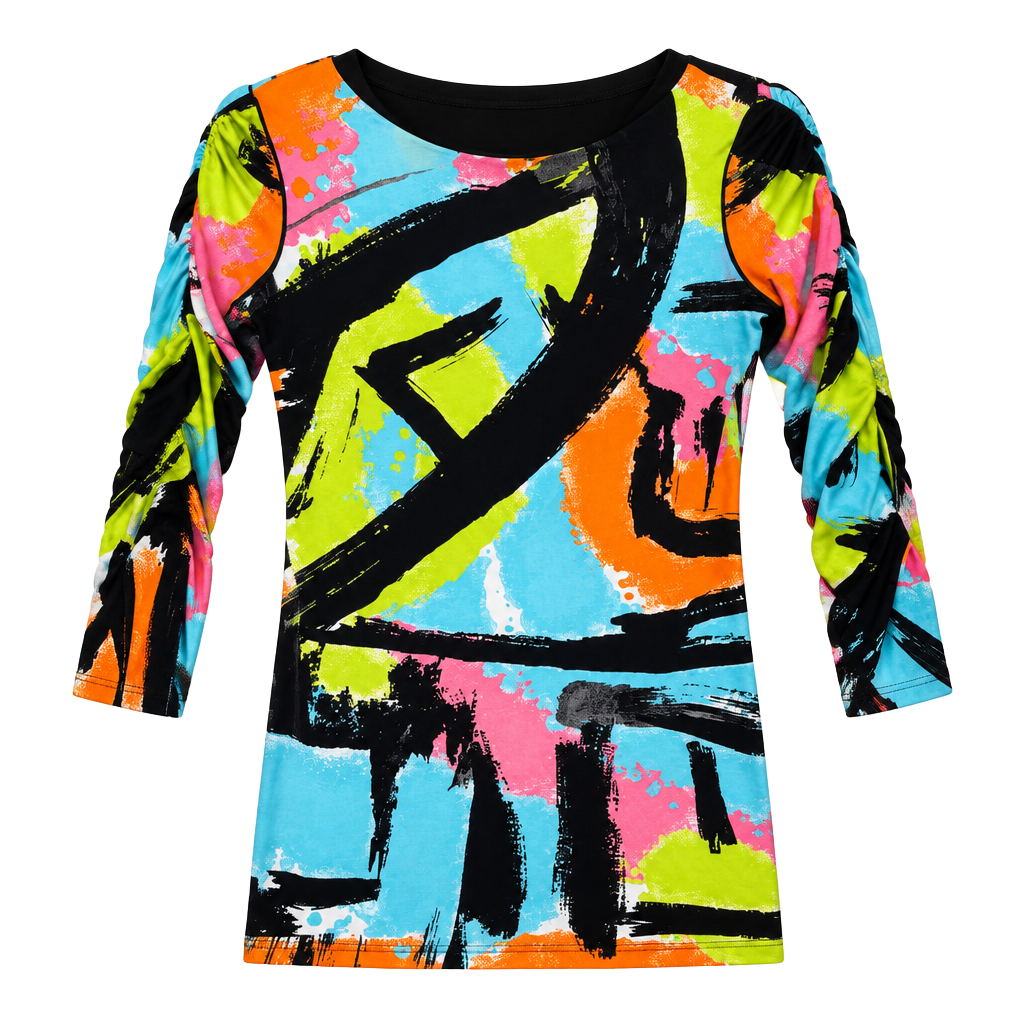 Eva Varro Dress Size XS Multi Color Abstract Print Ruched Sleeve tunic blouse 1