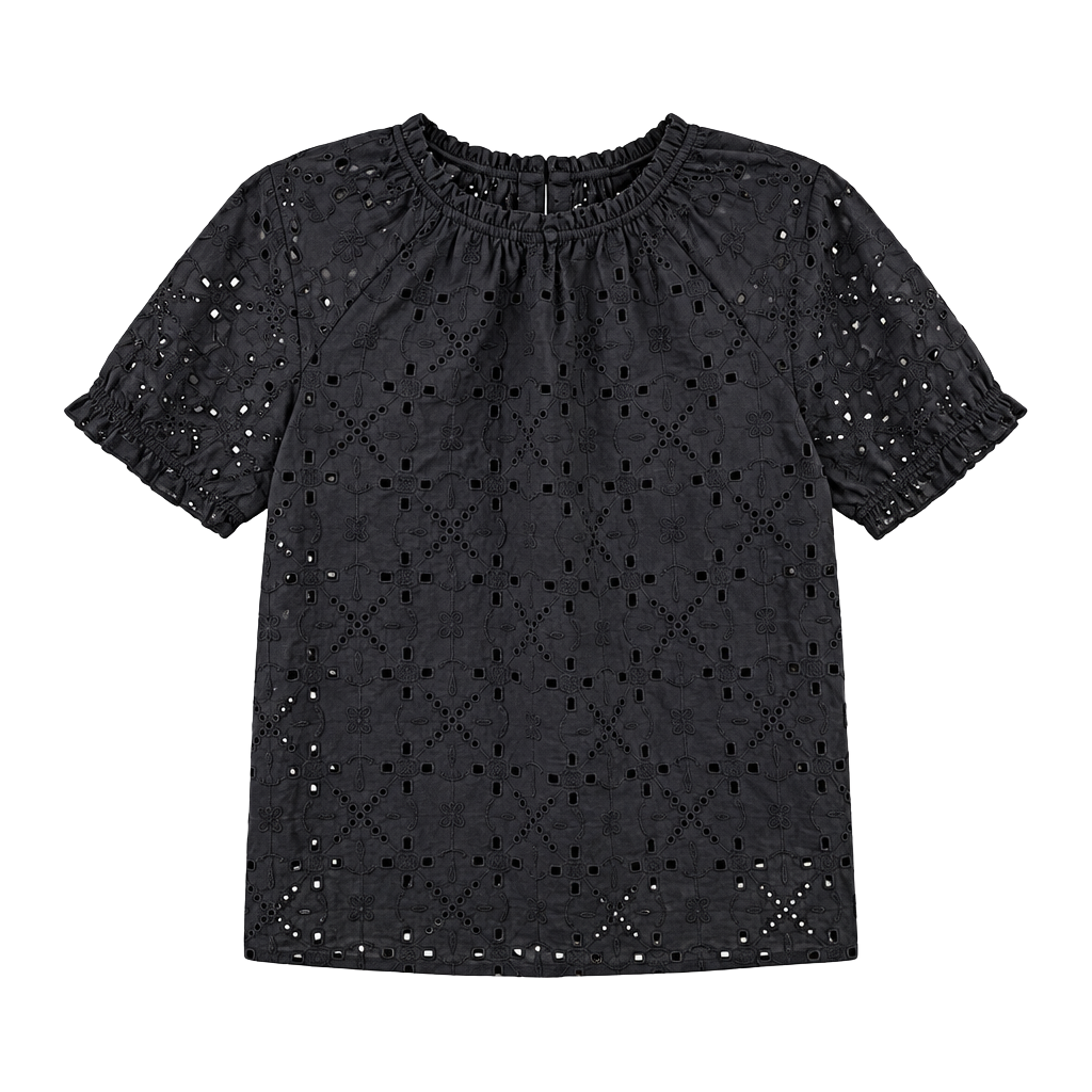 Elie Tahari Eyelet Blouse Size L Black Cotton Viscose Short Sleeve 1