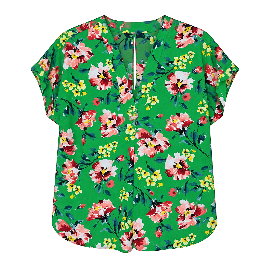 Lauren Ralph Lauren Floral Blouse Size XL Green V-Neck Short Sleeve Top 1