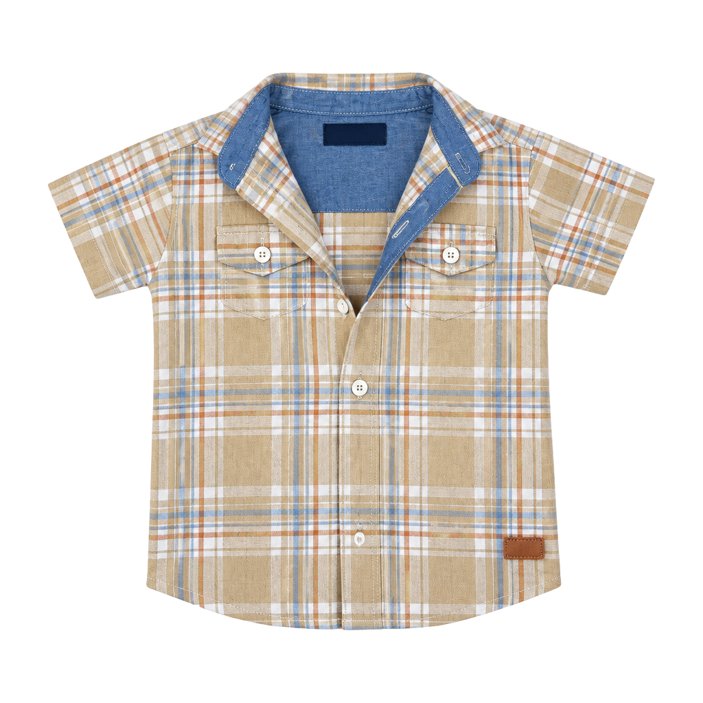 7 For All Mankind Plaid Button Up Shirt Size 18M Short Sleeve Tan Blue 1