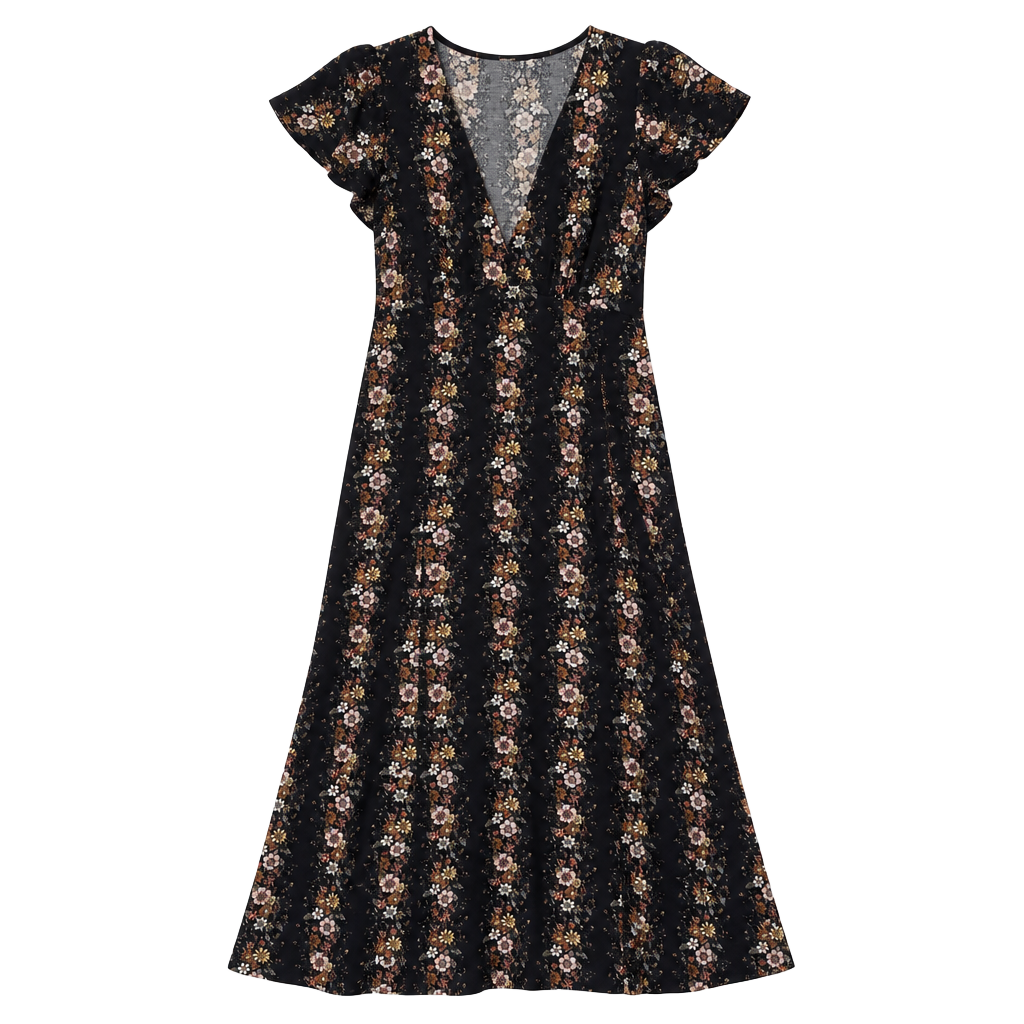 Forever 21 Black Floral Print Short Sleeve Midi Dress Size S 1