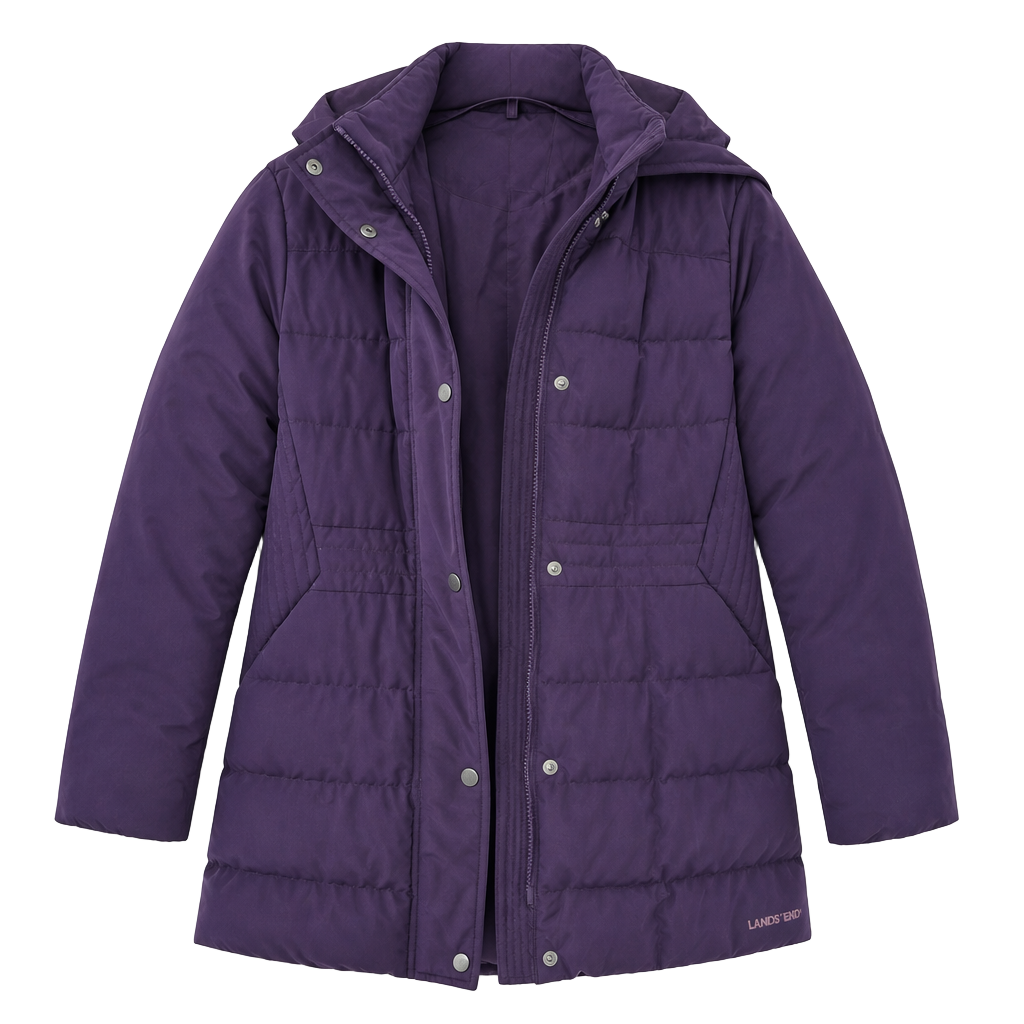 Lands' End Quilted Stretch Down Coat Purple Women's Size S 6-8 Hooded Puffer Jacket 1