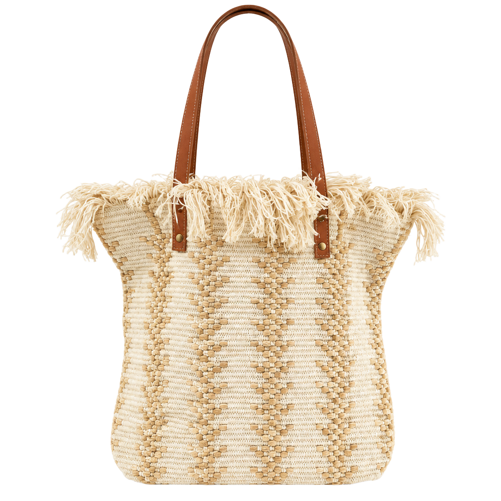 Unbranded Woven Geometric Tote Bag Beige Fringe 1
