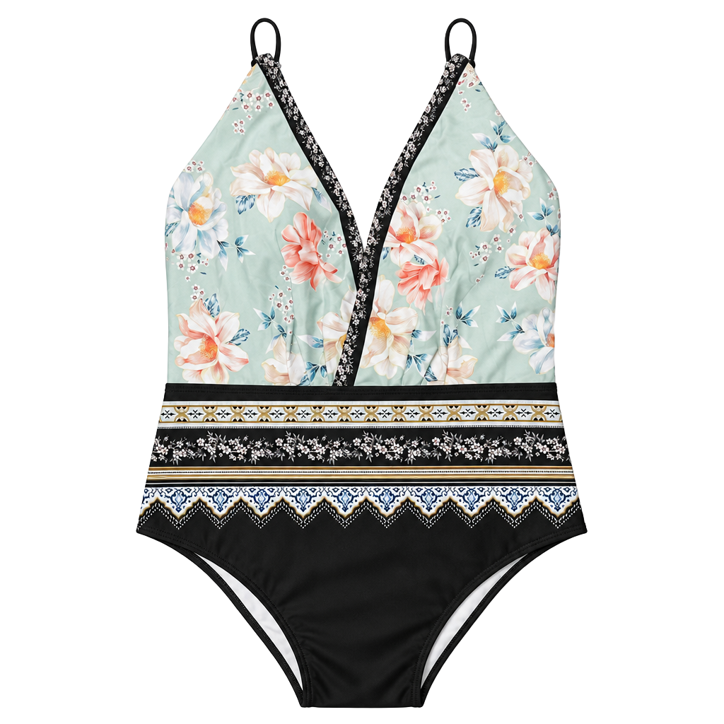 Adreamly One-Piece Swimsuit Size 20 Floral Green Plunge Bathing Suit 1