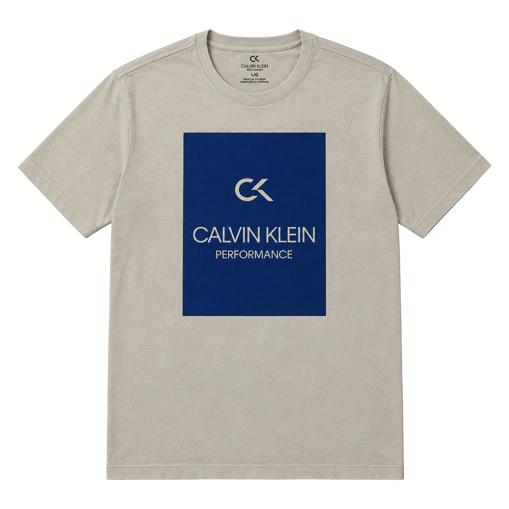 Calvin Klein Performance T-Shirt Size L Beige Box Logo Short Sleeve 1