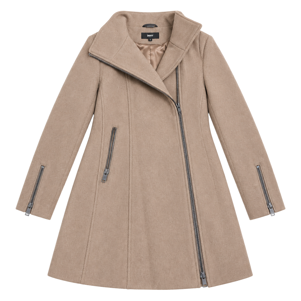 DKNY Asymmetrical Zip Coat Size M Camel 1