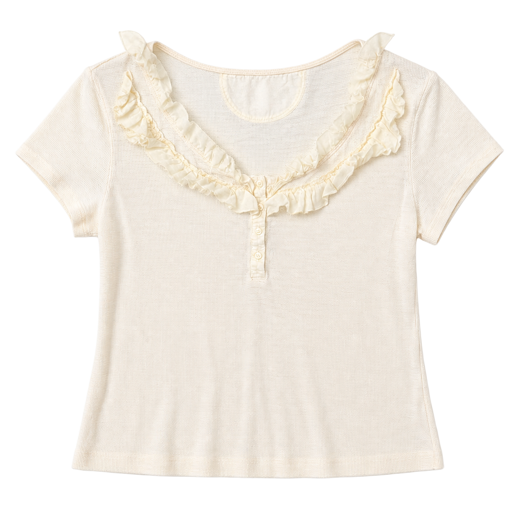 Lauren Jeans Co. Ralph Lauren Women's Cream Waffle Knit Short Sleeve Henley with Ruffle Trim 1