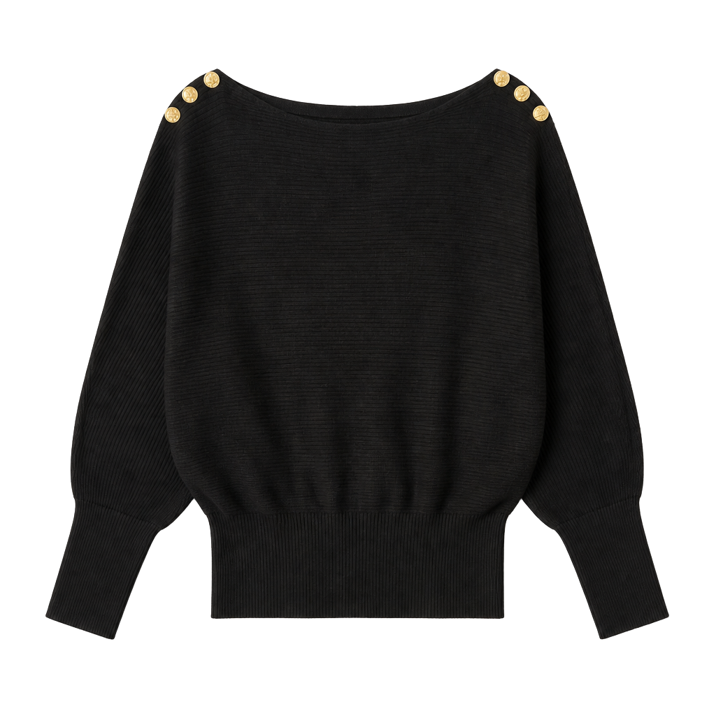 LAUREN Ralph Lauren Women's Black Ribbed Knit Sweater with Gold Tone Shoulder Buttons 1