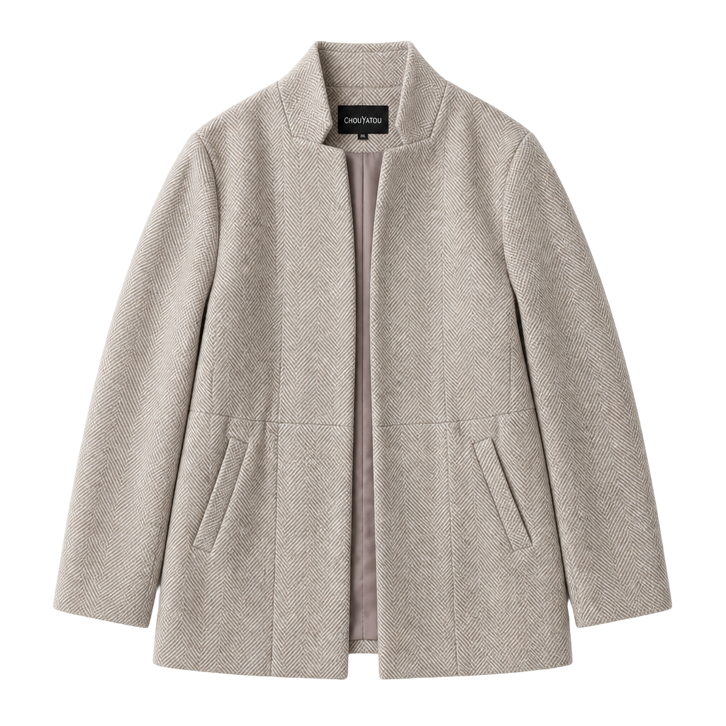 Chouyatou Women's Herringbone Textured Stand Collar Open Front Blazer Coat, Beige, XL 1