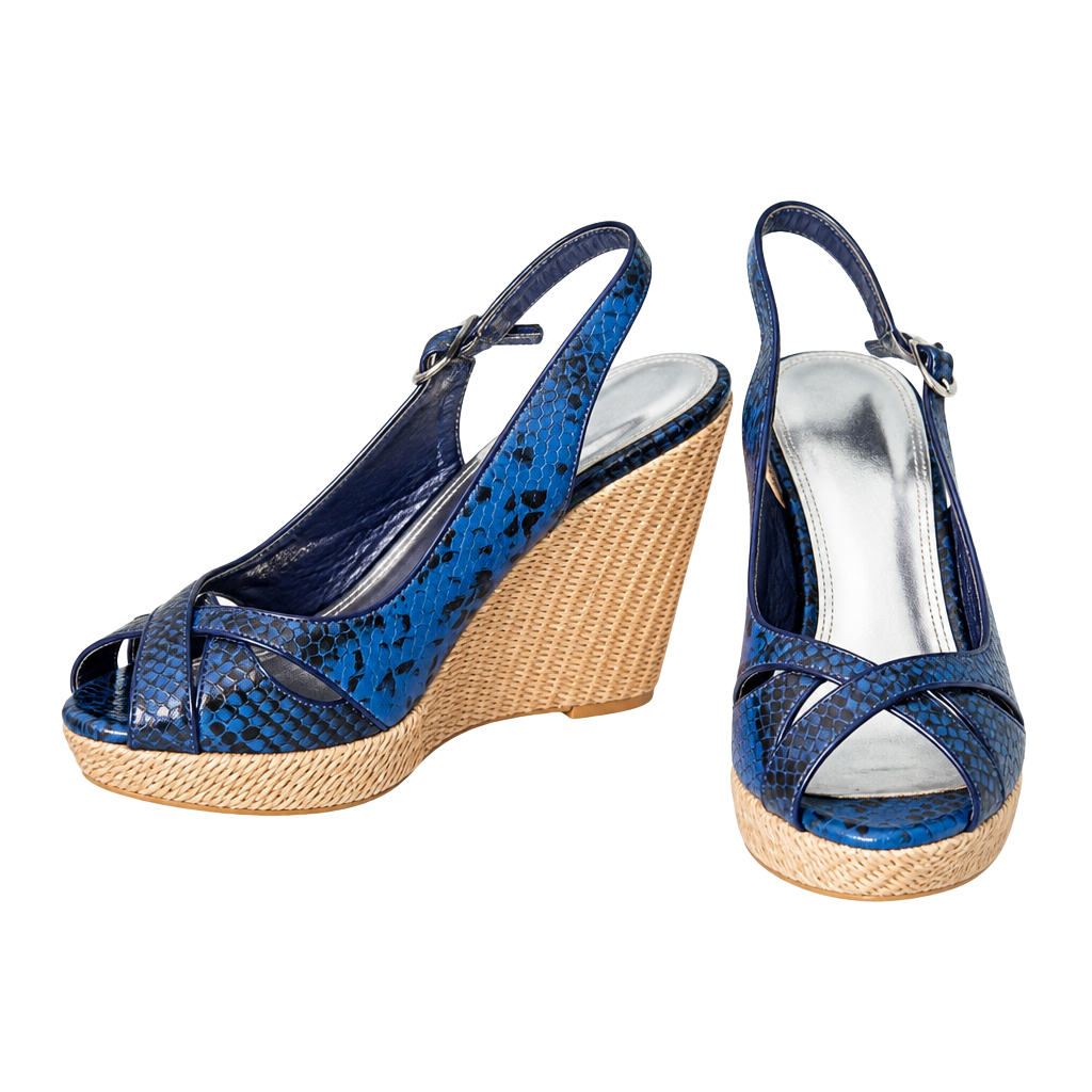 White House Black Market Sophie Blue Faux Snake Print Peep Toe Wedge Sandals 1