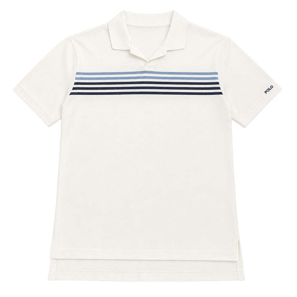 Polo Golf Ralph Lauren Men's White Pique Polo Shirt with Blue and Navy Chest Stripes 1