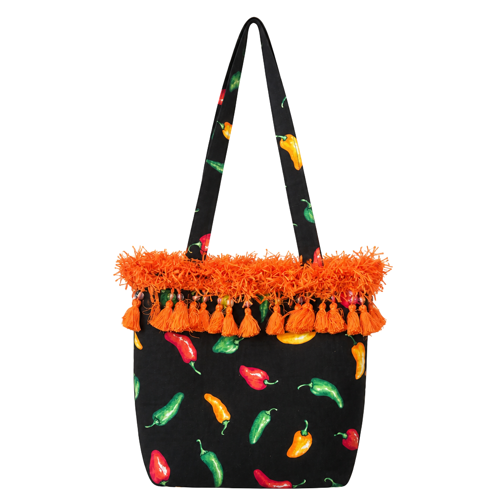 Handmade Chili Pepper Print Tote Bag with Orange Fringe and Tassels 1