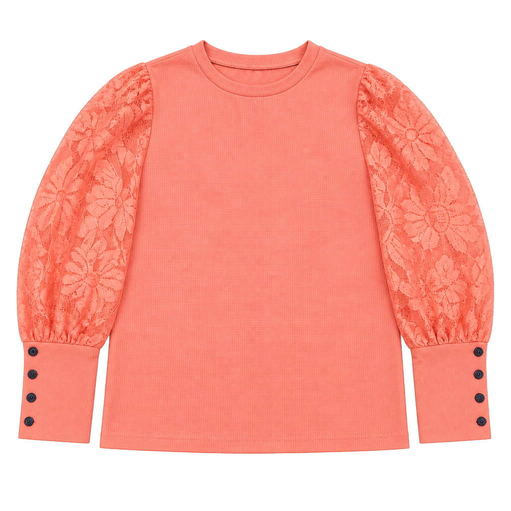 Women's Orange Waffle Knit Top with Floral Lace Bishop Sleeves 1