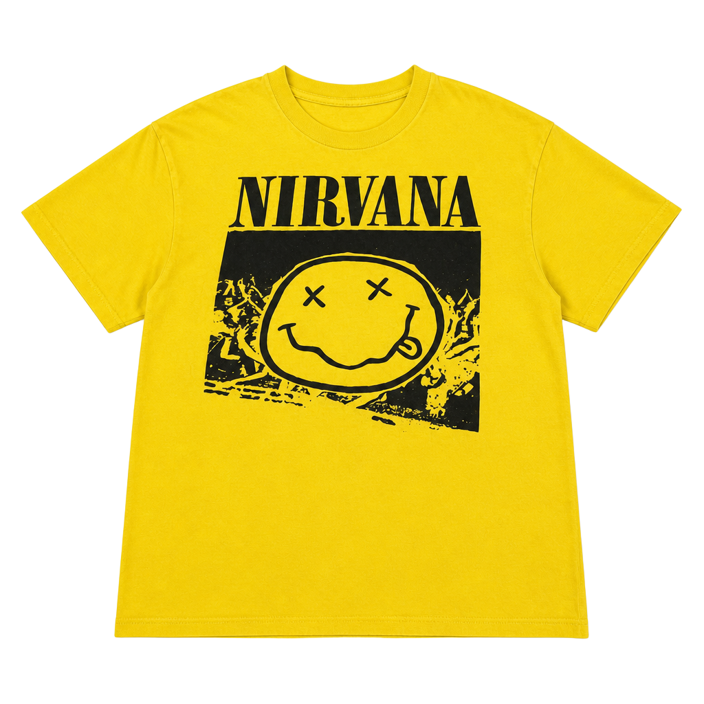 Vintage late 90’s Nirvana yellow nevermind smiley band grunge shirt 1