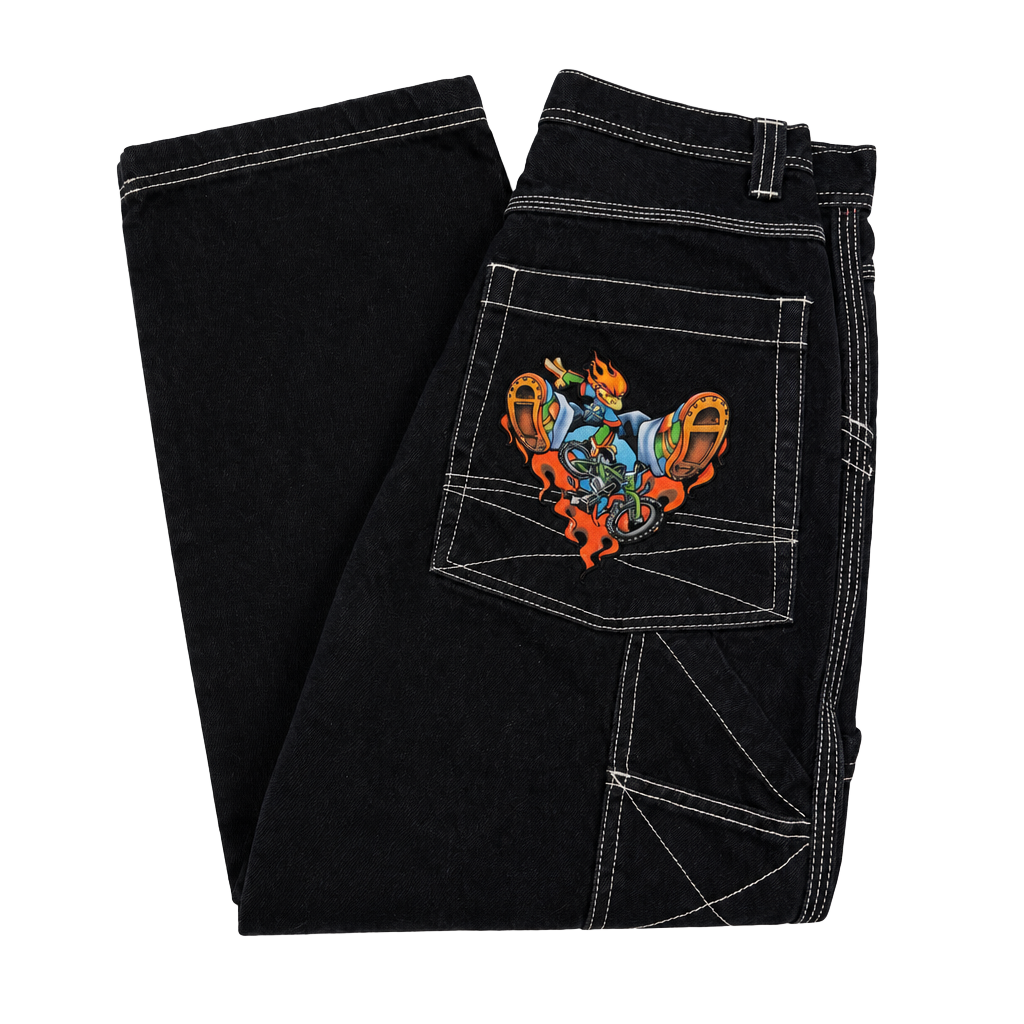 Rare Vintage Flamehead Baggy Denim Jeans 2000s Y2K Black Youth Boys JNCO 1