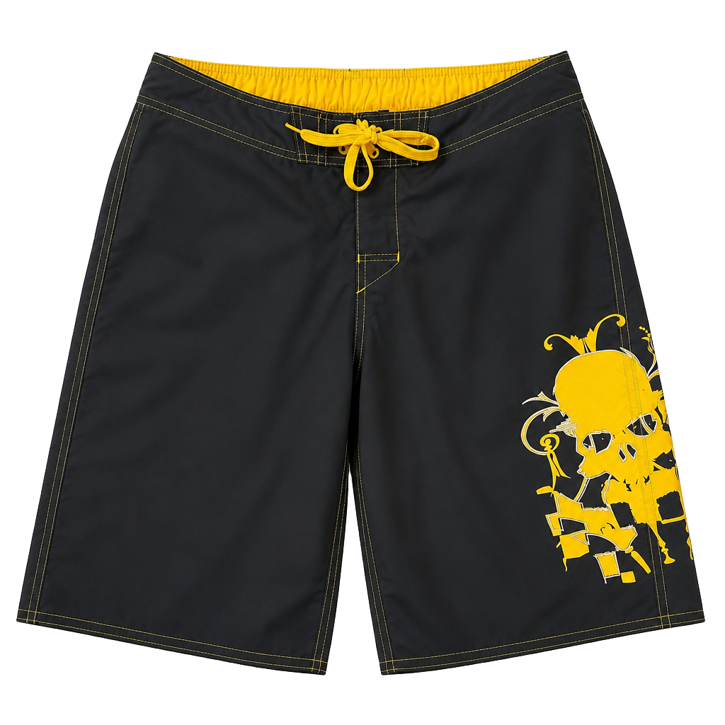 Vintage 2009 Joe Boxer Men's Medium Black and Yellow Skull Graphic Swim Trunks 1