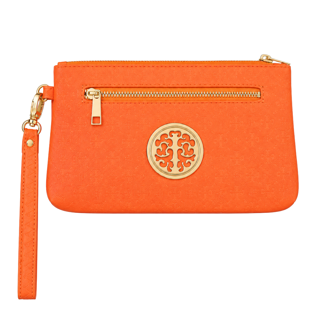 Orange Wristlet Bag with Gold Medallion Accent 1