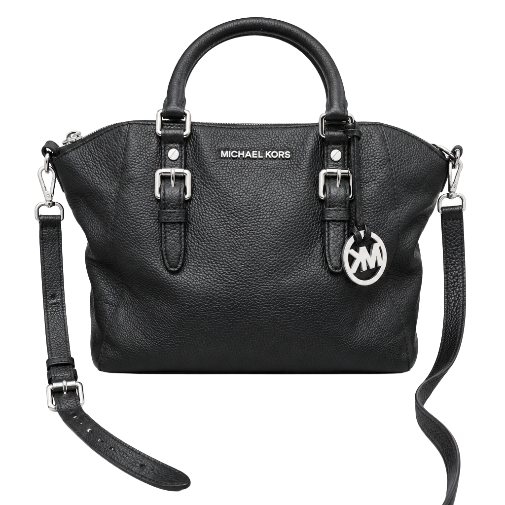 Michael Kors Black Pebbled Leather Satchel Crossbody Bag Silver Hardware 1
