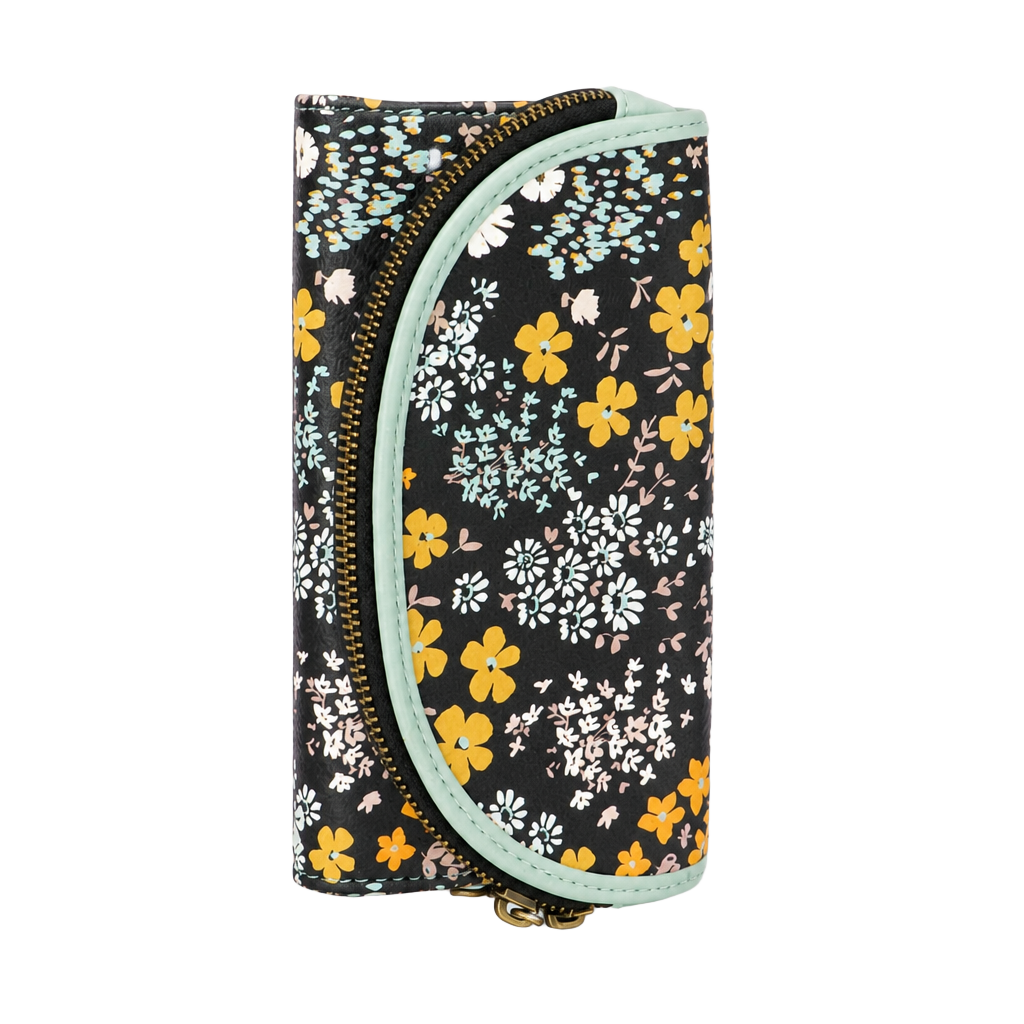 Unbranded Floral Print Wristlet Wallet Black Yellow White 1
