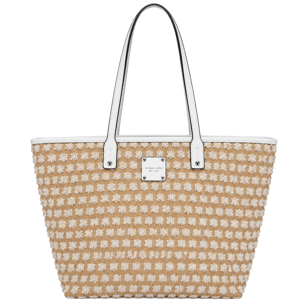 Henri Bendel Raffia Tote Bag Neutral Textured Straw White Leather 1
