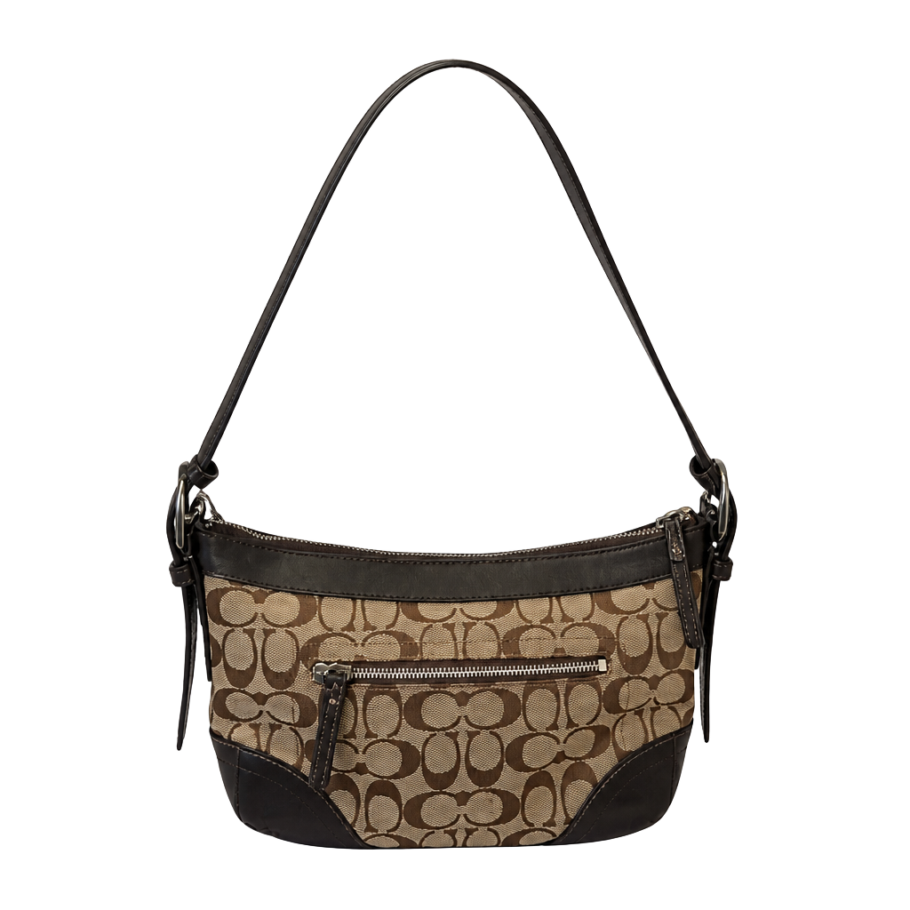 Coach Signature Jacquard Shoulder Bag – Brown Leather Trim 1