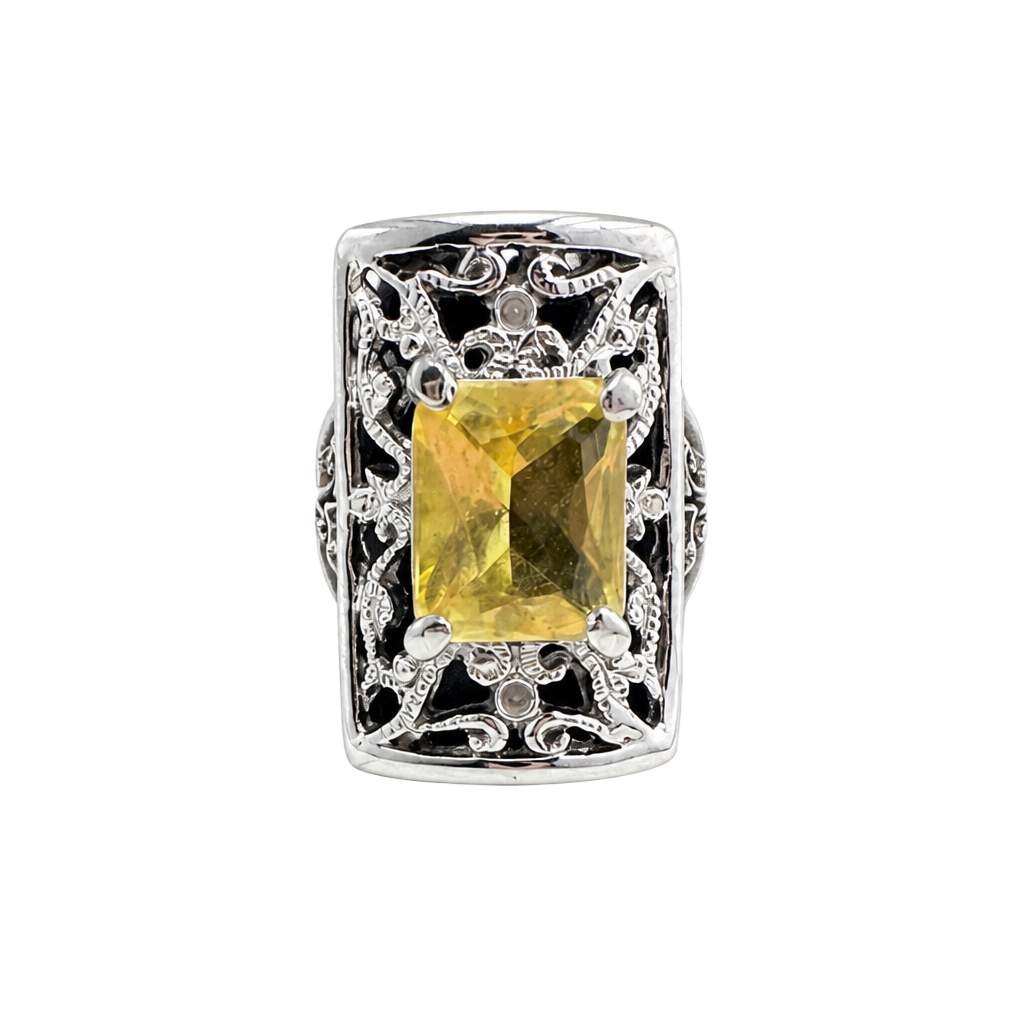 Yellow Citrine-Color Filigree Statement Ring, Ornate Silver-Tone Cocktail Ring 1