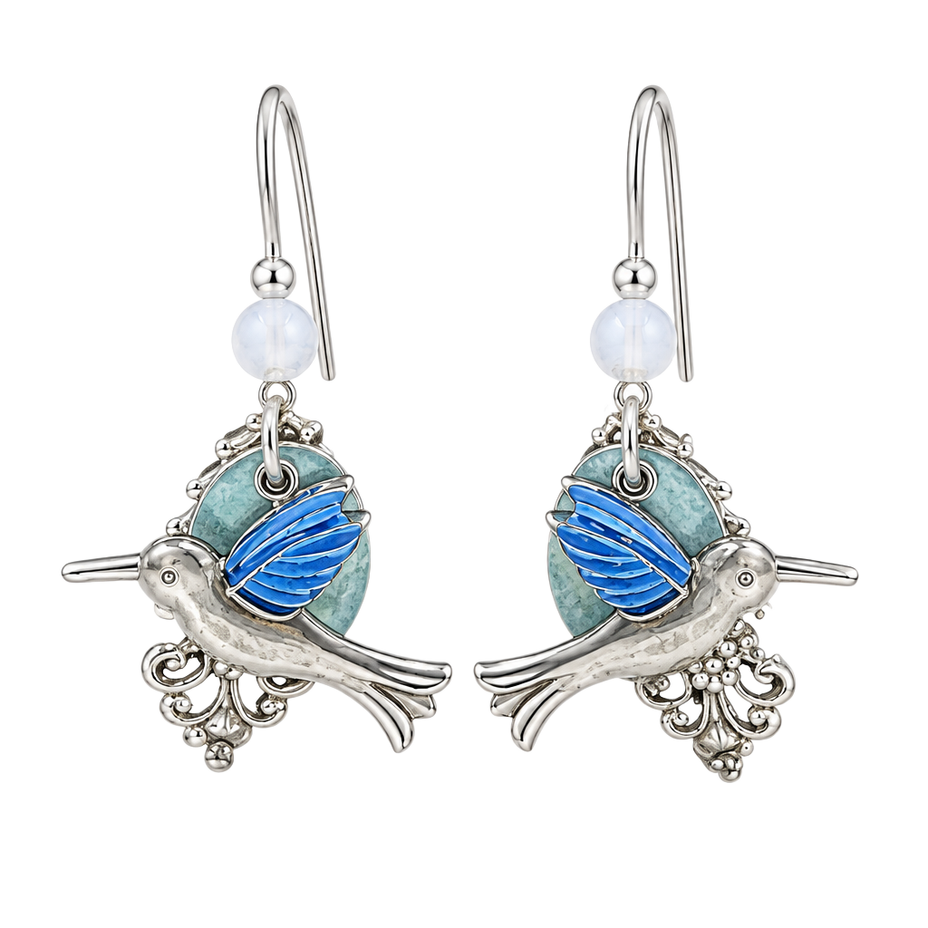 Silver Forest Blue Hummingbird Filigree Drop Earrings 1